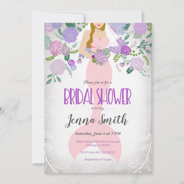 Blond Floral Mermaid Bridal shower invitation (Front)