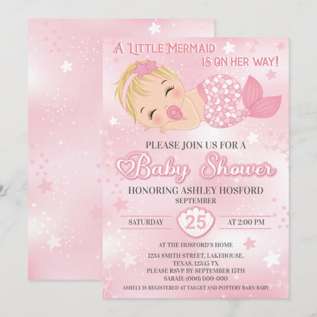Blond Girl Baby Shower Invitation | Baby Mermaid  (Front/Back)