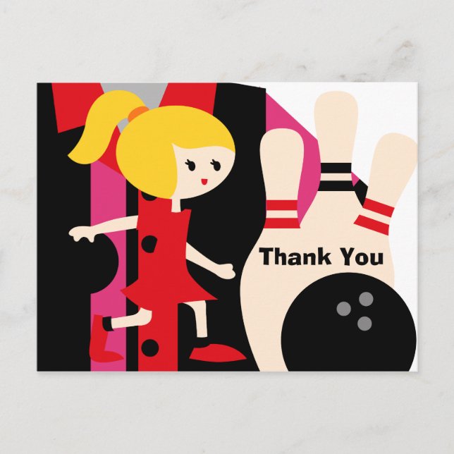 Blond Girl Bowling Birthday Thank You Postcard (Front)