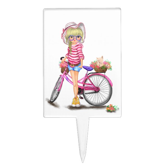 Blond Girl Cake Topper Pink Bike (Front)