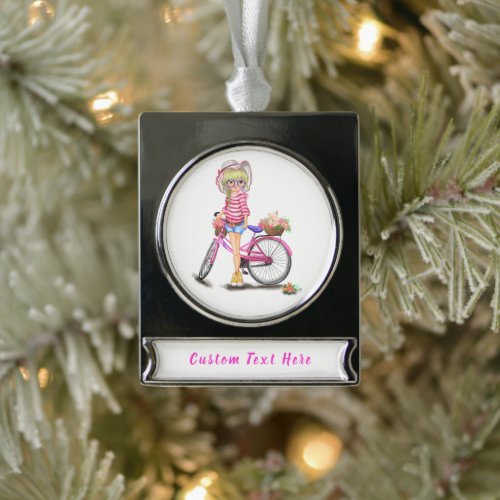 Blond Girl Christmas Ornament Pink Bike Your Text