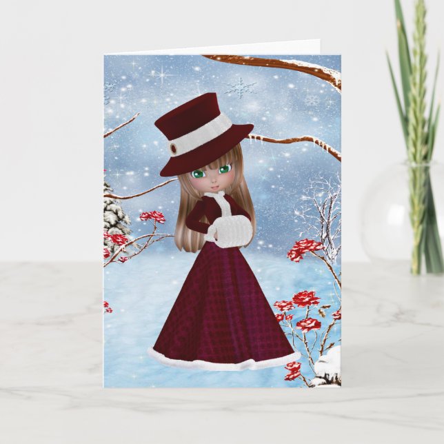 Blond Girl, Christmas, Snow Holiday Card (Front)