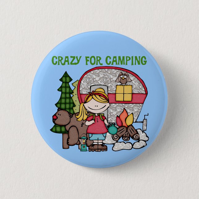 Blond Girl Crazy For Camping Button (Front)