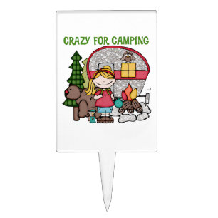 Blond Girl Crazy For Camping Cake Topper