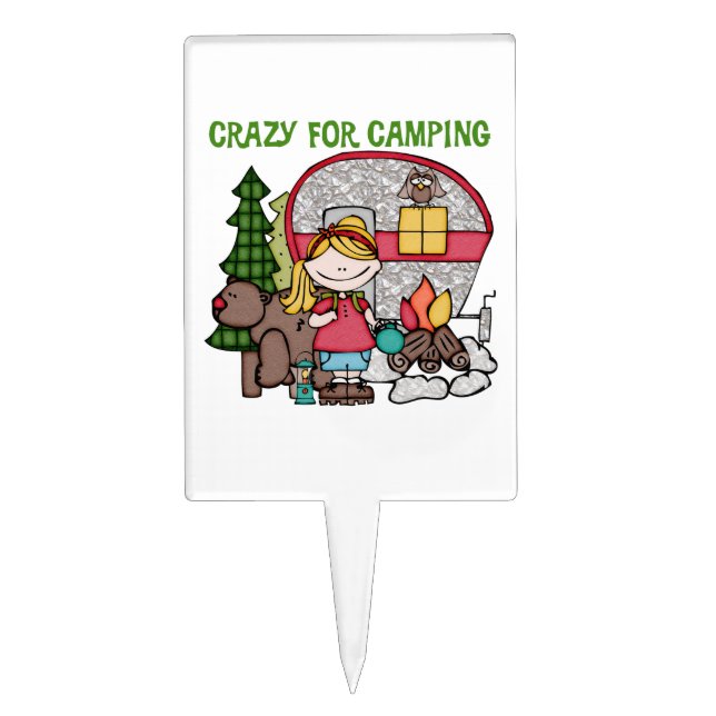 Blond Girl Crazy For Camping Cake Topper (Front)