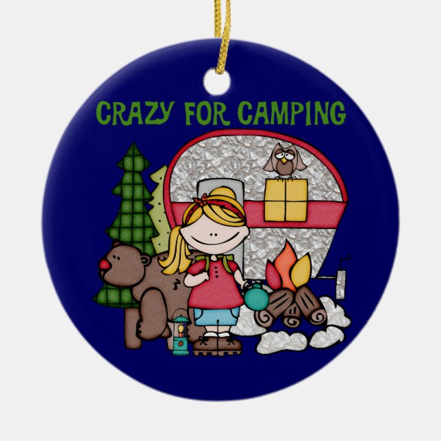 Blond Girl Crazy For Camping Ceramic Ornament (Front)