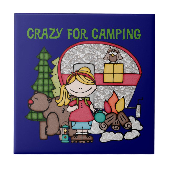 Blond Girl Crazy For Camping Ceramic Tile (Front)