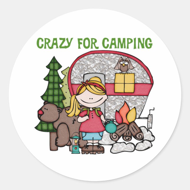 Blond Girl Crazy For Camping Classic Round Sticker (Front)