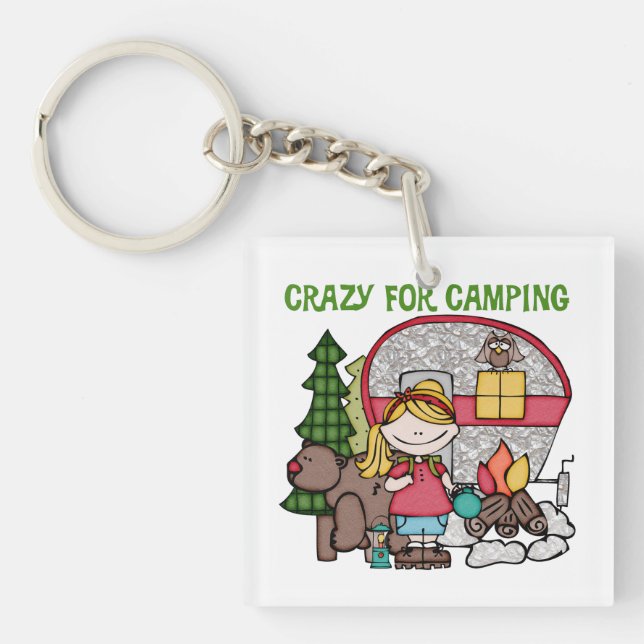 Blond Girl Crazy For Camping Keychain (Front)