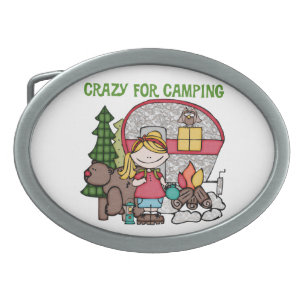 Blond Girl Crazy For Camping Oval Belt Buckle