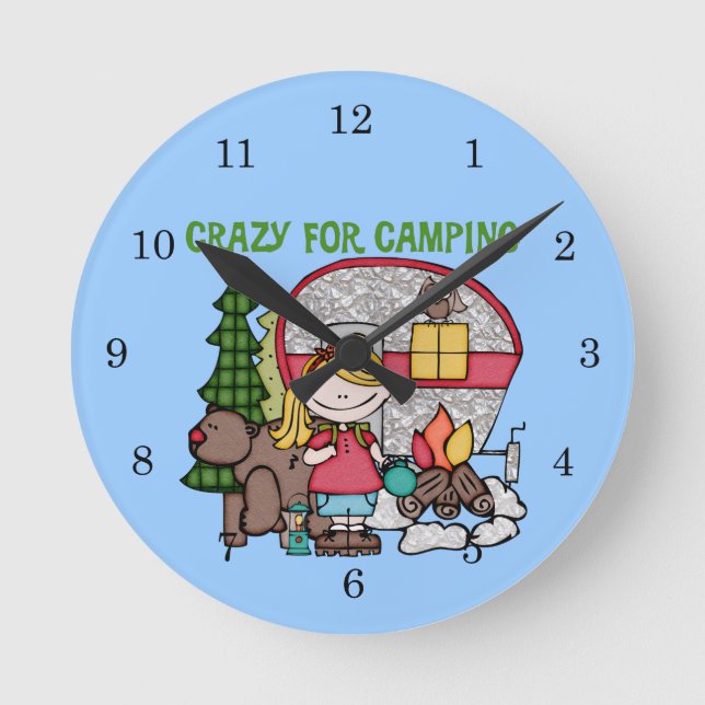 Blond Girl Crazy For Camping Round Clock (Front)