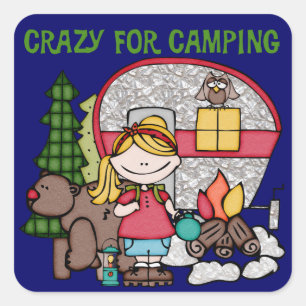 Blond Girl Crazy For Camping Square Sticker