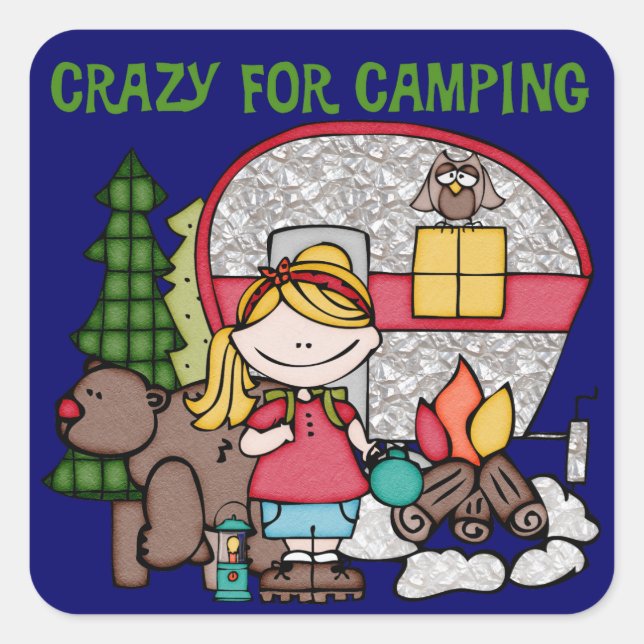 Blond Girl Crazy For Camping Square Sticker (Front)