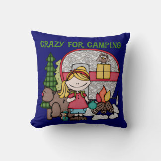 Blond Girl Crazy For Camping Throw Pillow