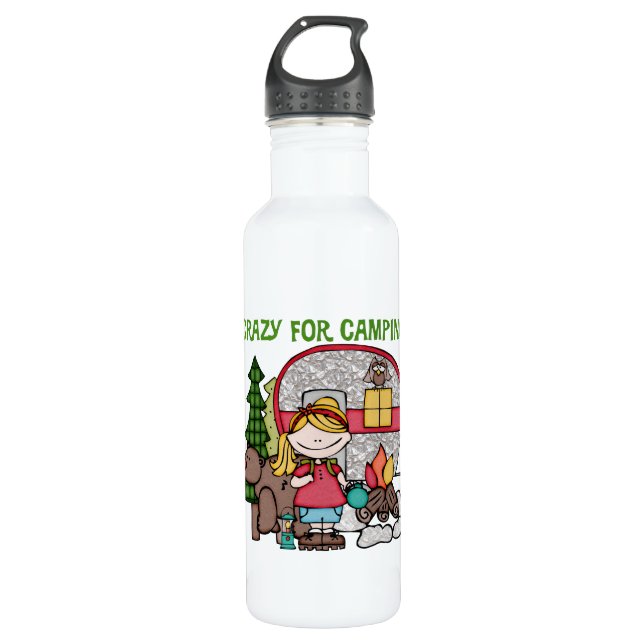 Blond Girl Crazy For Camping Water Bottle (Front)