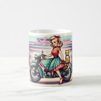 Blond girl on a bike with her ginger cat pin up st coffee mug