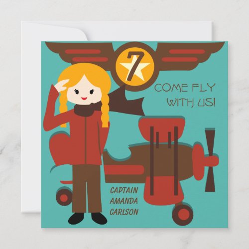 Blond Girl Pilot Birthday Invitations