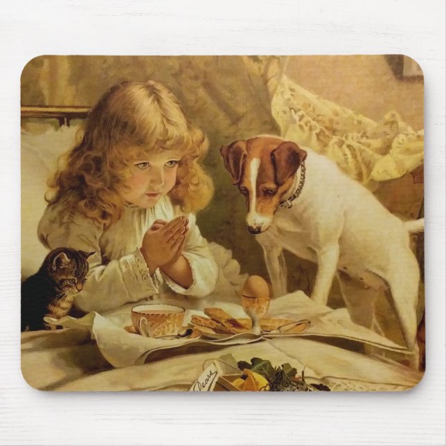 Blond Girl Praying with her Dog and Cat Mouse Pad (Front)