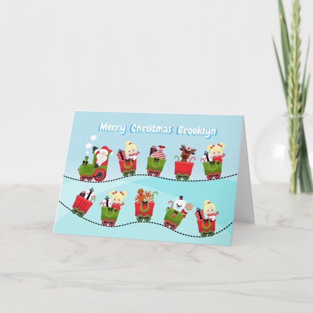 Blond Girl Riding Train with Santa Holiday Card (Front)
