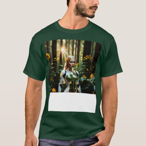 Blond girl robot in forest T_Shirt