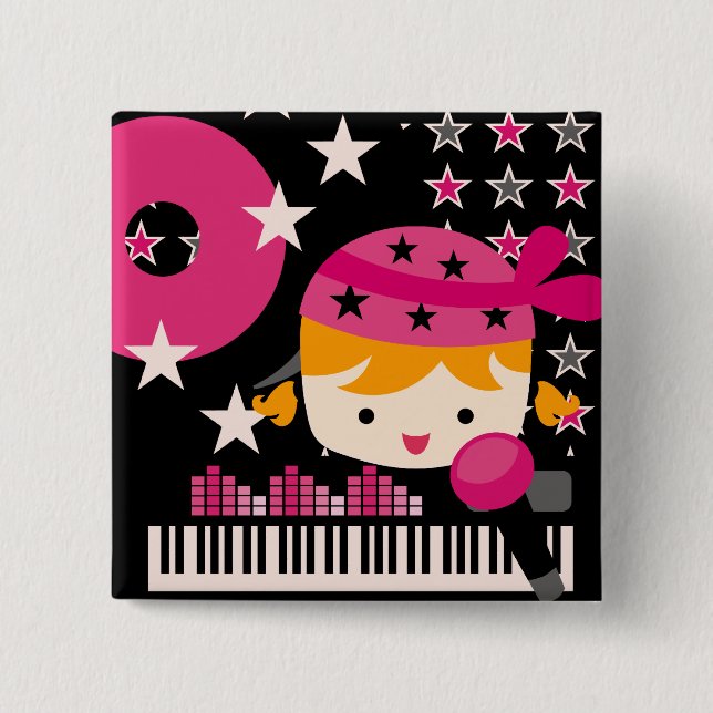Blond Girl Rock Star Party Birthday Button (Front)