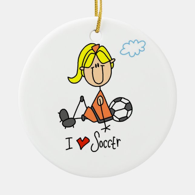 Blond Girl Stick Figure I Love Soccer Gifts Ceramic Ornament (Front)