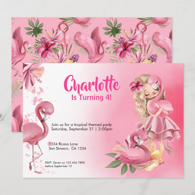 Blond Girl Tropical Pink Flamingo Birthday Invitation (Front/Back)