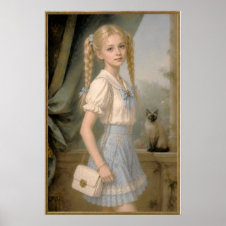 Blond Girl with a siamese Cat Poster