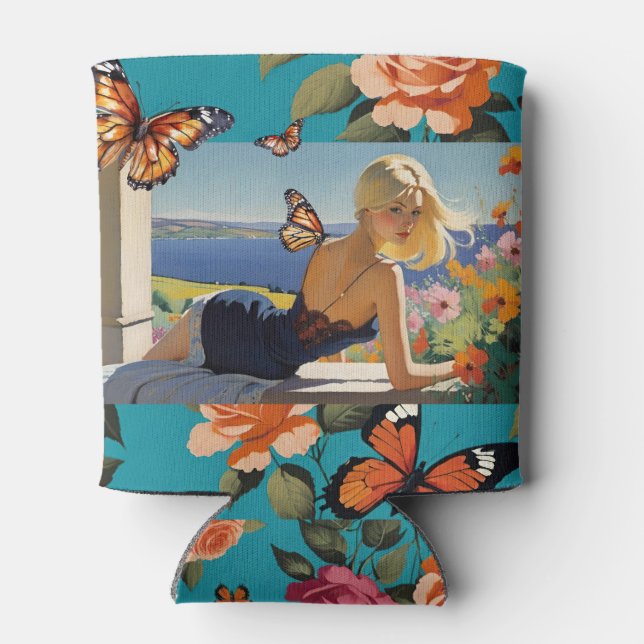 Blond Girls Monarch Butterflies Floral Paradise Can Cooler (Back)