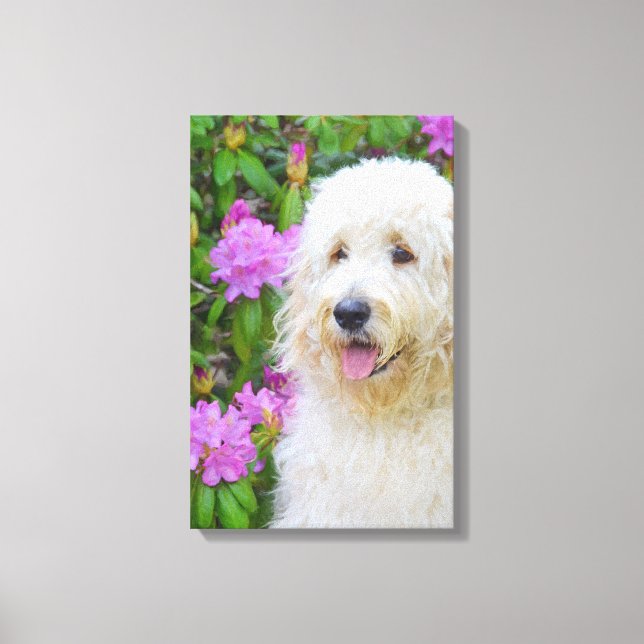 blond goldendoodle dog in garden canvas print (Front)