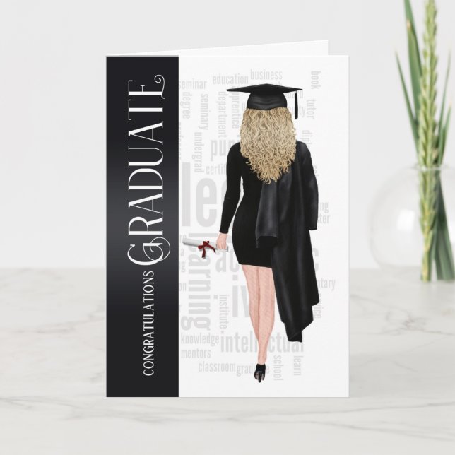 Blond Hair Black Cap and Gown Female Graduate Card (Front)