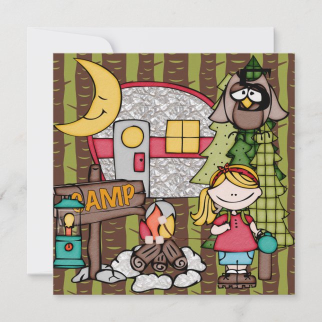 Blond Hair Girl Camping Birthday Invitations (Front)