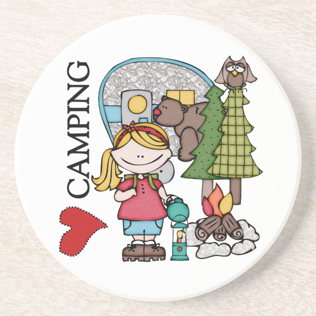 Blond Hair Girl I Love Camping Drink Coaster (Front)