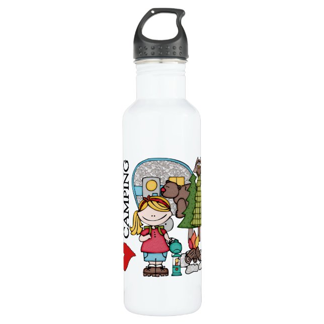 Blond Hair Girl I Love Camping Stainless Steel Water Bottle (Front)