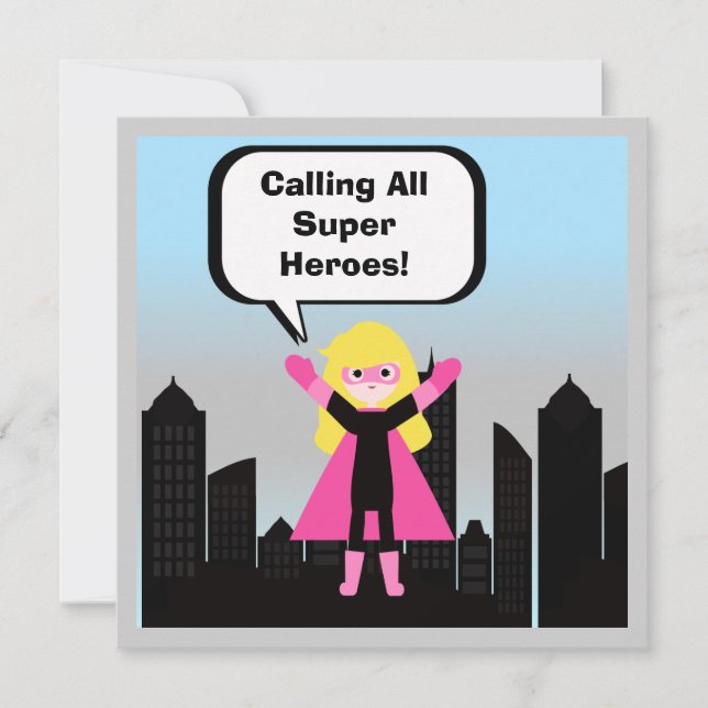 Blond Hair Girl Super Hero Birthday Invitation (Front)