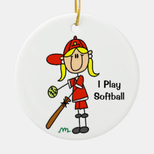 Blond Hair Stick Figure Softball Female Ceramic Ornament