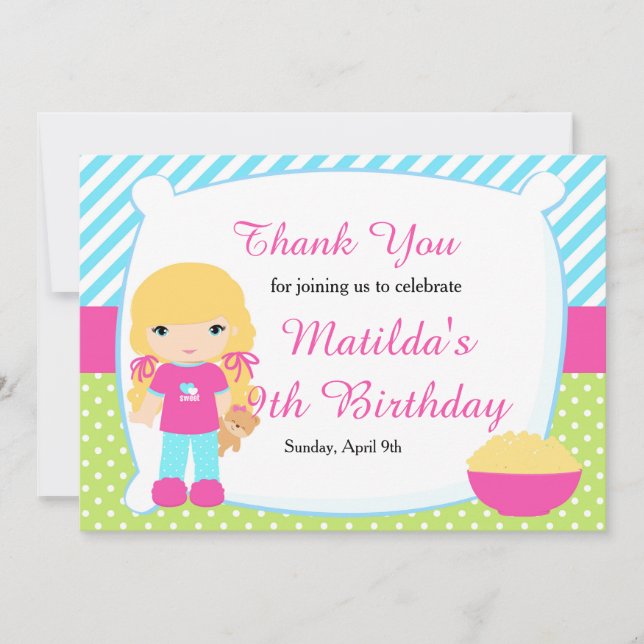 Blond Haired Girl Sleepover Slumber Party Birthday Thank You Card (Front)
