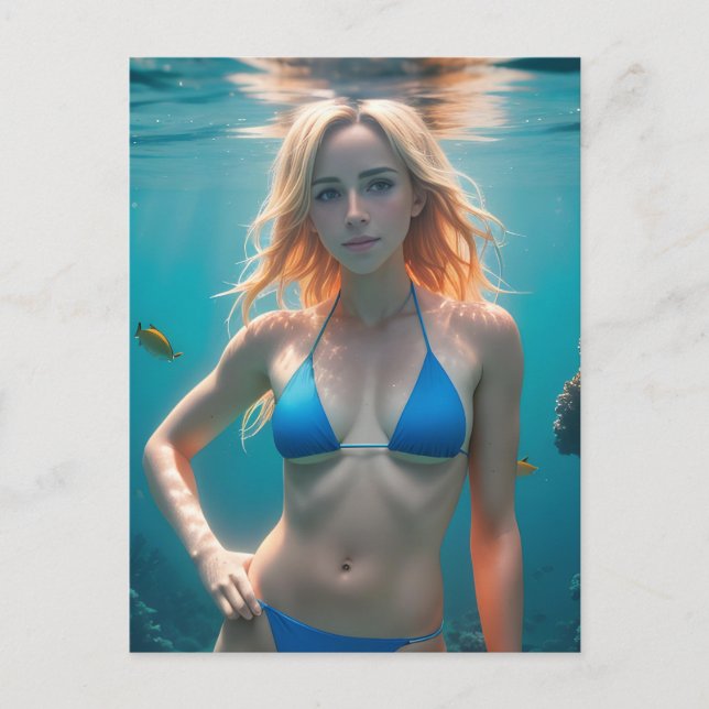 Blond Haired Woman Blue Bikini Underwater Photo Postcard (Front)