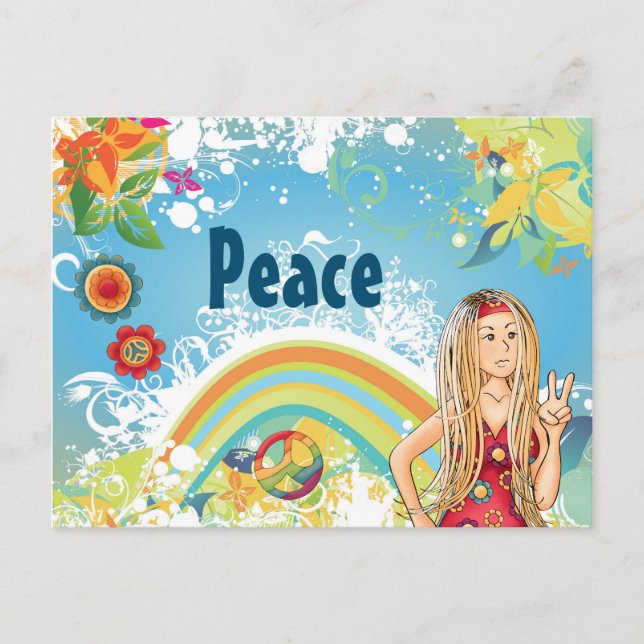 Blond Hippie Girl, Flowers and Rainbow Peace Postcard (Front)