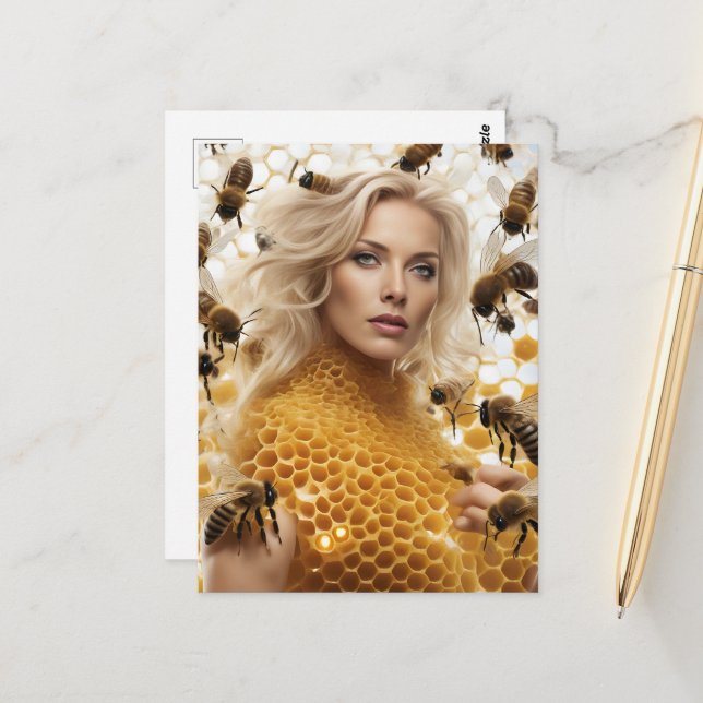 Blond Honey Bee Woman Postcard (Front/Back In Situ)