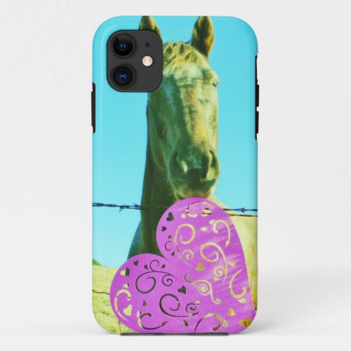 Blond horse and Pink and Red Hearts iPhone 11 Case