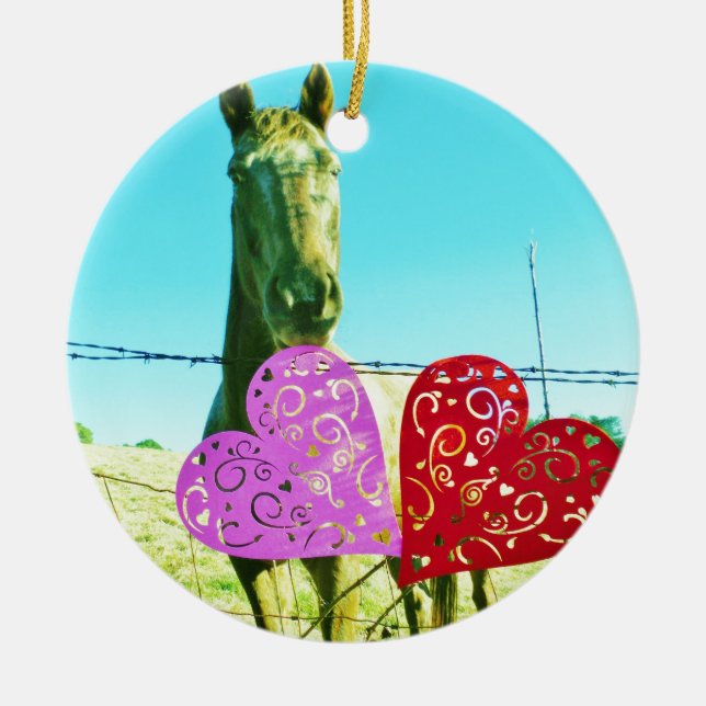 Blond horse and Pink and Red Hearts Ceramic Ornament (Front)