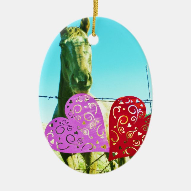 Blond horse and Pink and Red Hearts Ceramic Ornament (Front)