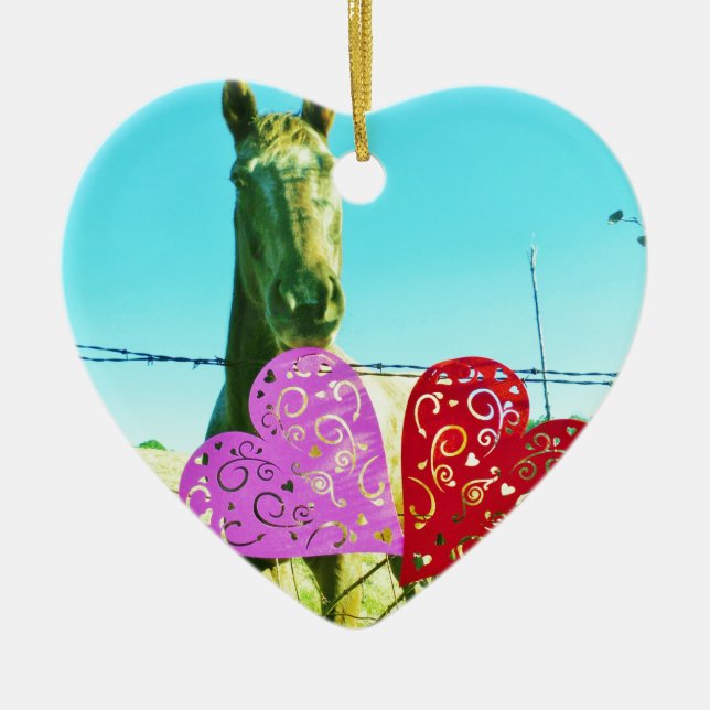 Blond horse and Pink and Red Hearts Ceramic Ornament (Front)