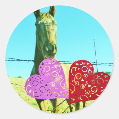 Blond horse and Pink and Red Hearts Classic Round Sticker