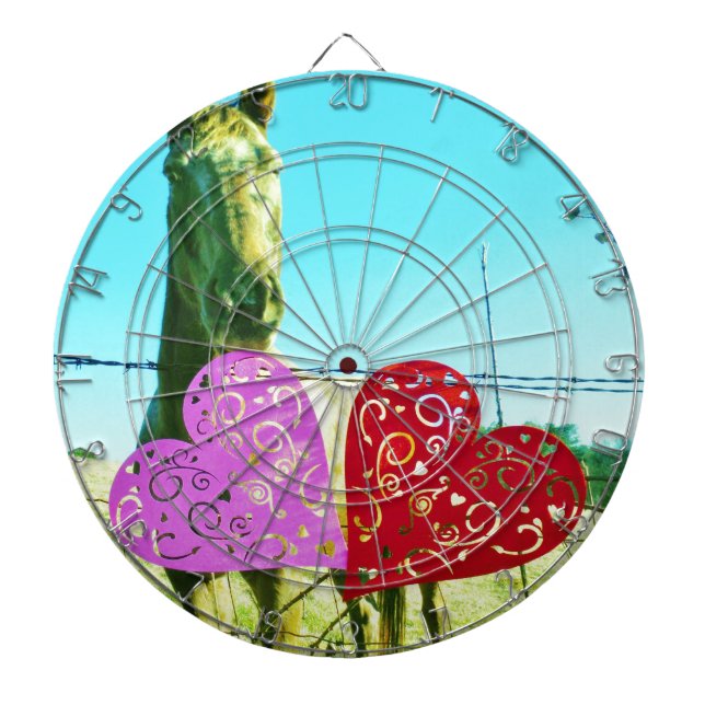 Blond horse and Pink and Red Hearts Dartboard With Darts (Front)