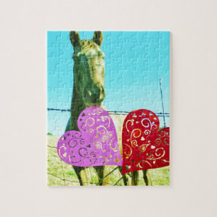 Blond horse and Pink and Red Hearts Jigsaw Puzzle