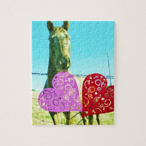 Blond horse and Pink and Red Hearts Jigsaw Puzzle