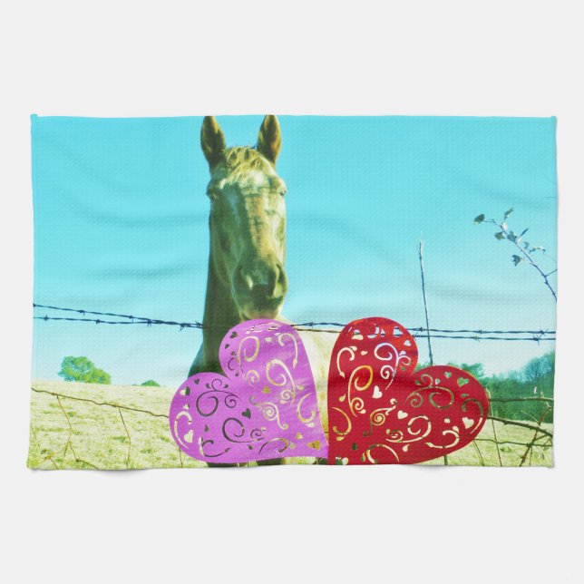 Blond horse and Pink and Red Hearts Kitchen Towel (Horizontal)