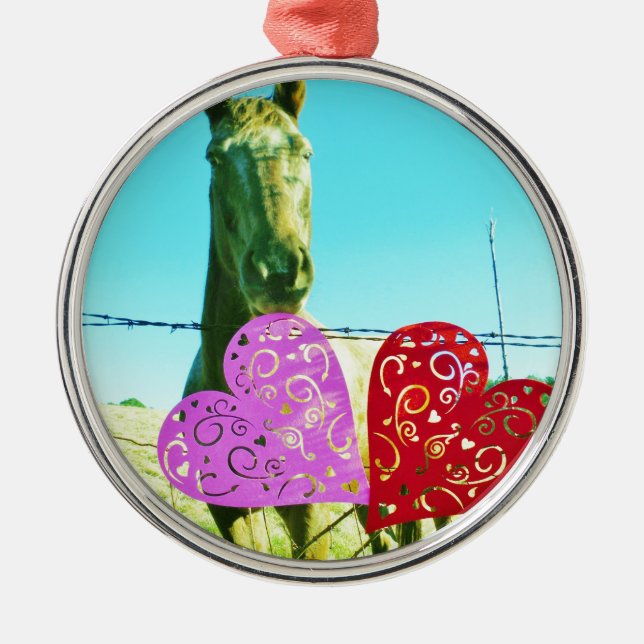 Blond horse and Pink and Red Hearts Metal Ornament (Front)